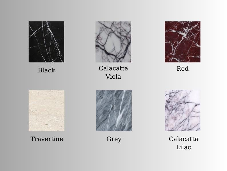 May include: A collection of six square marble samples, each showcasing a different color and pattern. Colors include black, red, grey, and white, with names like "Calacatta Viola" and "Travertine" displayed below each sample.