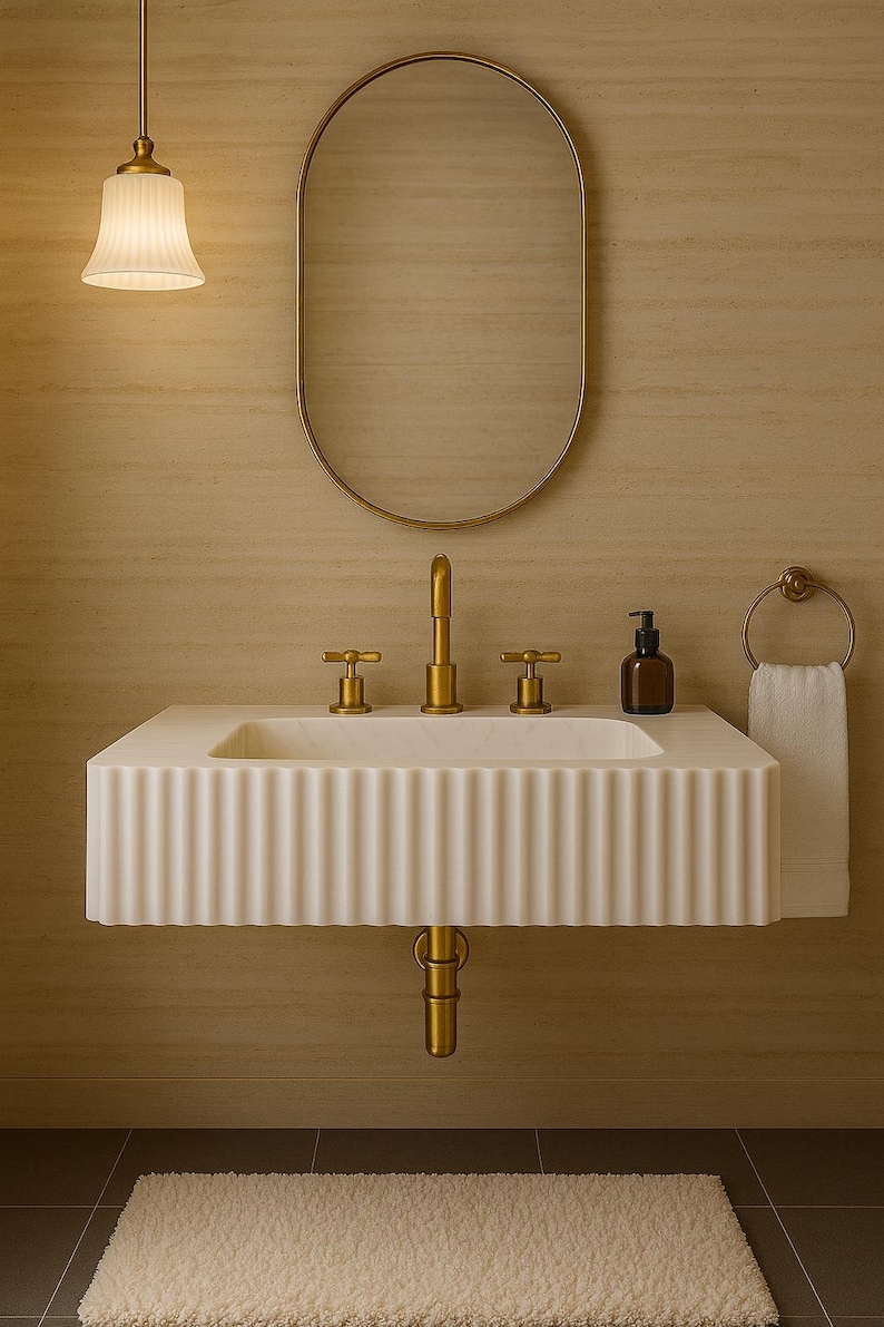 May include: A modern bathroom sink with a fluted design, gold fixtures, and a matching oval mirror. The sink has a built-in soap dispenser and a towel ring. A cream-colored rug sits on the floor, and a pendant light hangs above.