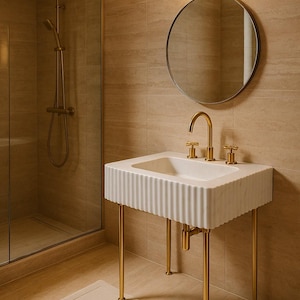 May include: A modern bathroom scene featuring a white, fluted-edge sink with gold-colored fixtures and legs. A round mirror hangs above the sink, and a shower with a glass door is visible in the background. The walls are tiled in a neutral color.
