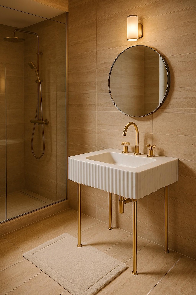 May include: A modern bathroom scene featuring a white, fluted-edge sink with gold-colored fixtures and legs. A round mirror hangs above the sink, and a shower with a glass door is visible in the background. The walls are tiled in a neutral color.