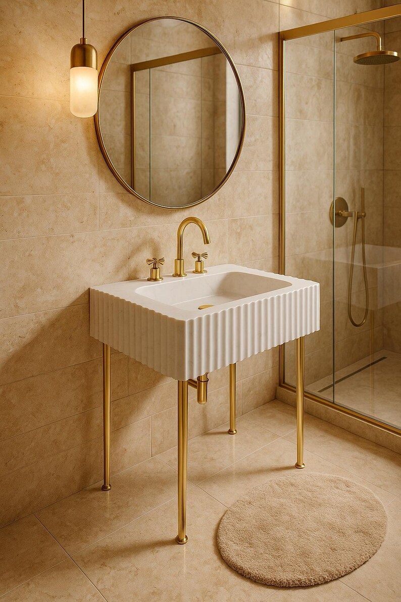 May include: A white, fluted bathroom sink with gold-colored fixtures and legs. A round mirror and shower enclosure are visible in the background. The sink has a rectangular basin and a gold faucet.