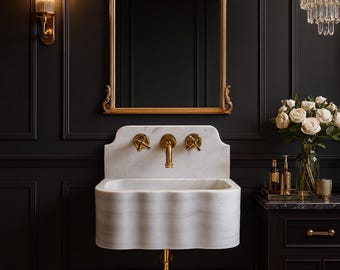 Lavabo mural et dosseret fabriqués à la main en marbre blanc de Carrare – Meuble-lavabo de salle de bain classique moderne | Lavabo de luxe en pierre naturelle