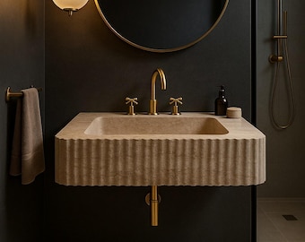 Luxury Travertine Sink, Wall Mounted Unique Marble Basin, Hand Carved Custom Size Sink, Beige Bathroom Vanity