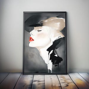 Stampa artistica da parete raffigurante una donna moderna e astratta, illustrazione di moda chic con rossetto rosso, poster con ritratto glamour per l'arredamento del soggiorno o della camera da letto.