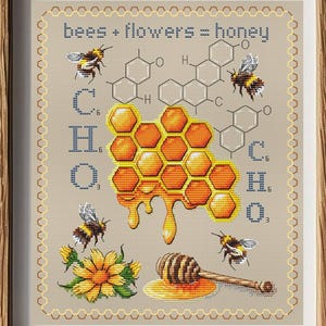 Cross stitch pattern: bees, flowers, golden honeycomb, chemical formula of honey. Instant download. Modern cross stitch sampler with bees.
