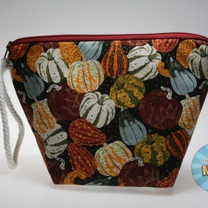 秋のカボチャとひょうたんの靴下サイズのプロジェクトバッグ//編み物プロジェクトバッグ//かぎ針編みプロジェクトバッグ//毛糸クラフトプロジェクトバッグ//WIPバッグ//シングルスケインバッグ