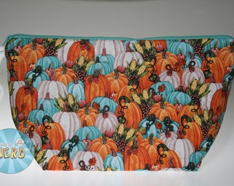 Fall Pumpkin Themed Knitting/Crochet/Yarn Craft Project Bag - Teal, White, Orange