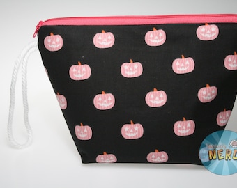 Różowa torba na skarpetki z motywem dyni Jack-o-Lantern //Torba na robótki na drutach //Torba na szydełkowanie //Torba na włóczkę //Torba na pojedyncze motki