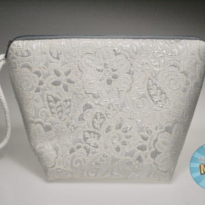 Grey and White Floral Brocade Sock Size Project Bag//Knitting Project Bag//Crochet Project Bag//Yarn Craft Project Bag//WIP Bag