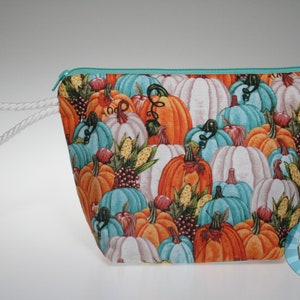 Teal, White, and Orange Pumpkin Sock Size Project Bag//Knitting Project Bag//Crochet Project Bag//Yarn Craft Project Bag//WIP Bag - Fall Bag