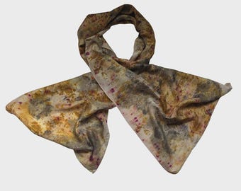 Eco printed natural silk scarf, dyed with marigold, cochineal and leaves