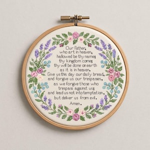 Lord’s Prayer Cross Stitch Pattern PDF, Our Father Prayer, Floral Wreath, Christian Embroidery, Bible Verse