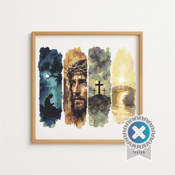 Christian Cross Stitch Bookmark Pattern – Jesus Christ, Resurrection, Cross & Empty Tomb, Religious Embroidery PDF