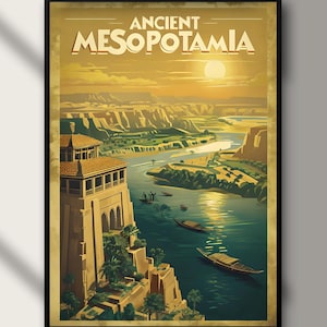 Póster vintage de la antigua Mesopotamia / Impresión artística de viajes históricos / Decoración de pared de zigurat / Decoración del hogar de historia antigua / Regalo educativo