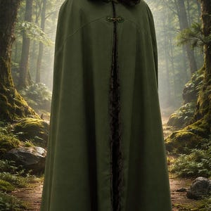 May include: A floor-length olive green hooded cloak featuring a dark brown faux fur lining along the interior edges and hood. The garment is secured at the neck with a decorative metal clasp, creating a draped silhouette that covers the torso.