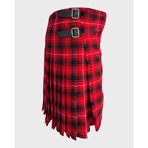 May include: A red, black and white tartan kilt with black leather straps and buckles.
