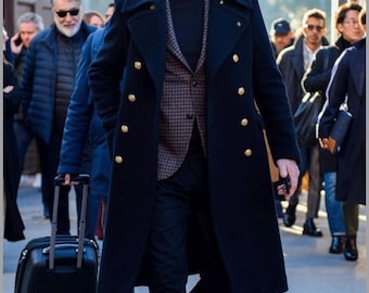 メンズ ネイビーブルー ウール ダブルブレスト オーバーコート – The