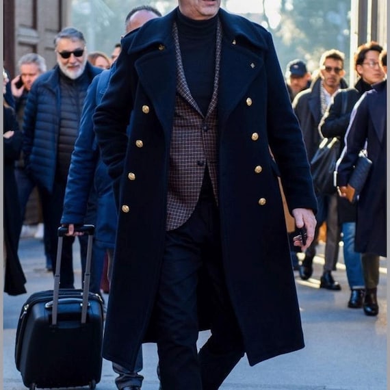 Men's Double Breasted Wool Pea Coat | Navy Overcoat With Gold