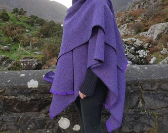 Purple Herringbone Donegal Tweed Ruana, Wool Cape Wrap