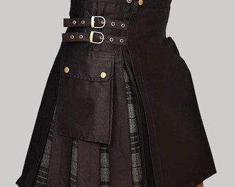May include: Black kilt with a pleated design and a pocket. The kilt features gold-colored metal buckles and rivets. The lower portion of the kilt has a gray and black plaid pattern.