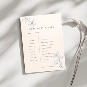 Wedding Itinerary Card Template-  Editable Modern Minimalist Wedding Schedule - Canva Editable Printable Template
