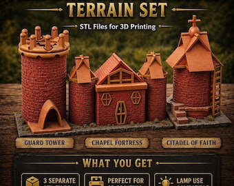 Modelo de castillo en formato STL, 3MF y archivo para impresión 3D. Conjunto de terreno de iglesia medieval con torre de guardia, capilla, ciudadela y para armar uno mismo.