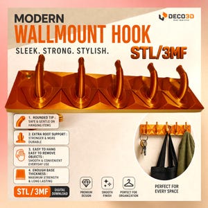 May include: A gold-colored wall-mounted hook with four curved hooks. The product is labeled "MODERN WALLMOUNT HOOK" and "STL/3MF". The design includes features like rounded tips and extra root support for hanging items. The image also shows a sample of the hooks in use.