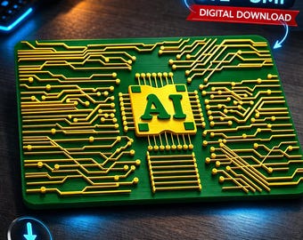 Arte mural con IA (archivo STL/3MF para impresión 3D), decoración con chips de circuitos impresos, arte futurista para oficinas.