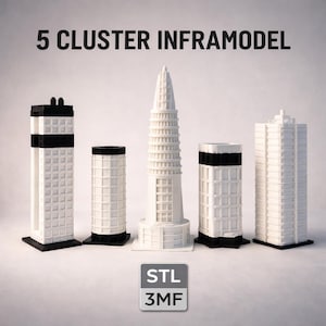 May include: Five white and black architectural models of buildings, each with a unique design. The models are arranged in a row against a light background. The text "5 CLUSTER INFRAMODEL" is at the top. The bottom right corner has the text "STL 3MF".