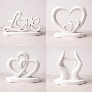 May include: A collection of four white heart-themed decorative sculptures. One sculpture spells out "Love" with a heart-shaped "o". Other sculptures feature intertwined hearts, nested hearts, and hands forming a heart shape. All are on round bases.