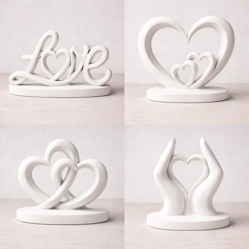 May include: A collection of four white heart-themed decorative sculptures. One sculpture spells out "Love" with a heart-shaped "o". Other sculptures feature intertwined hearts, nested hearts, and hands forming a heart shape. All are on round bases.