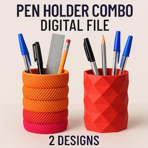 Puede incluir: Dos portalápices en un archivo digital. Uno es una pila de anillos naranjas y rosas, el otro es un diseño geométrico rojo. Cada uno contiene bolígrafos, lápices y una regla. El texto dice "PEN HOLDER COMBO DIGITAL FILE" y "2 DESIGNS".