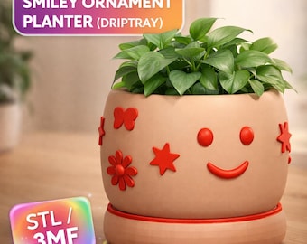 Maceta (bandeja de goteo) Archivo de impresión 3D STL, 3MF. Maceta con autorriego, estilo minimalista moderno con adornos de caritas sonrientes.