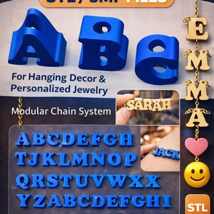 May include: A digital download graphic featuring a blue 3D alphabet, ideal for hanging decor and personalized jewelry. The image includes the letters A, B, and C, along with a full alphabet display. The words "SARAH" and "JACK" are shown as examples. The image also includes the text "STL/3MF FILES" and "DIGITAL DOWNLOAD".