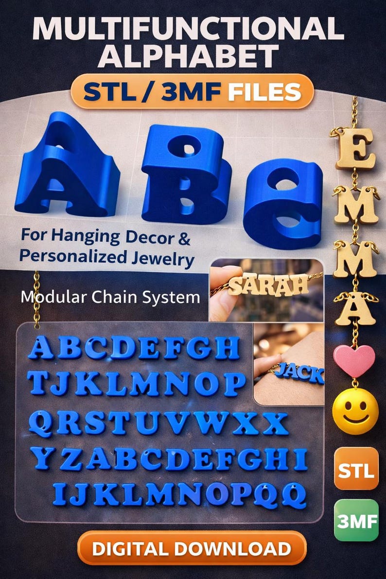 May include: A digital download graphic featuring a blue 3D alphabet, ideal for hanging decor and personalized jewelry. The image includes the letters A, B, and C, along with a full alphabet display. The words "SARAH" and "JACK" are shown as examples. The image also includes the text "STL/3MF FILES" and "DIGITAL DOWNLOAD".