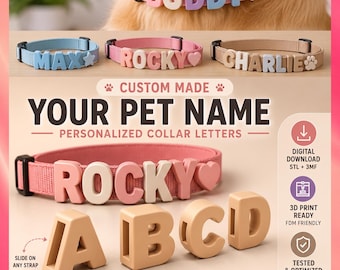 Custom Pet Name & Charm ,3D Print File, Collar Letter Ornaments Stl,3MF. (Rectangular Hole)