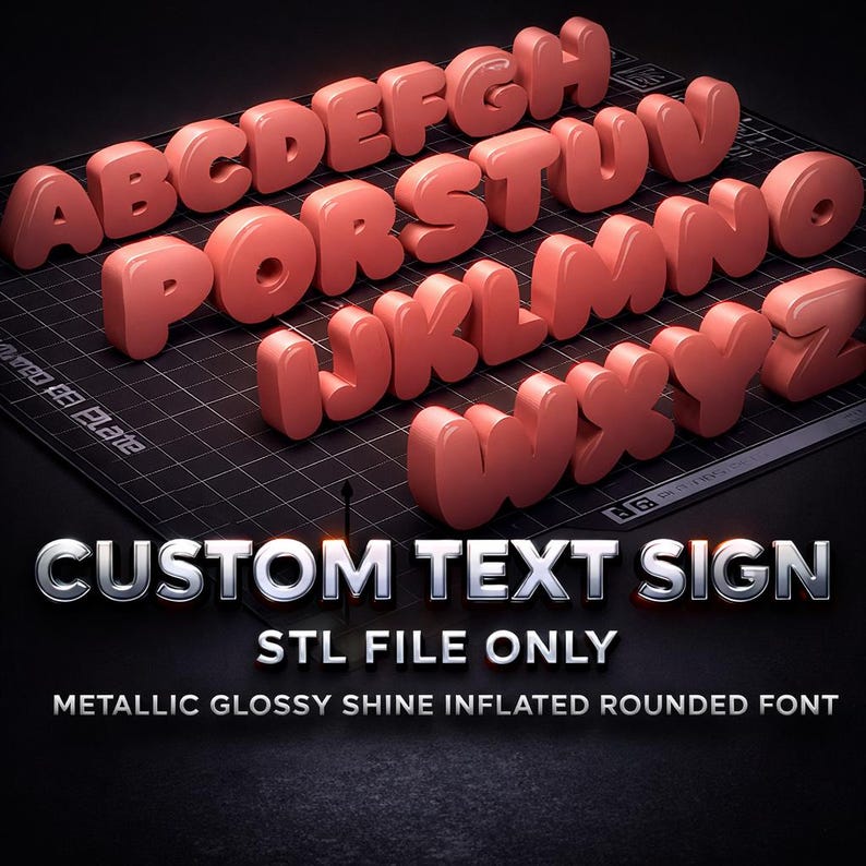 May include: A custom text sign featuring the alphabet in a metallic, glossy, inflated, rounded font. The letters are a coral color and are arranged on a black grid. The text "CUSTOM TEXT SIGN" is displayed below the letters.