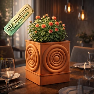 May include: A terracotta-colored square planter with a spiral design on the sides, holding a rose bush with vibrant orange blooms. The planter has the text "SELF WATERING PLANTER STL/3MF" on a floating label.