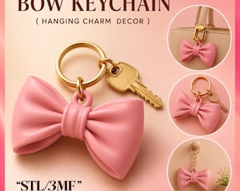 May include: A pink bow keychain with a gold-toned metal ring and a gold-toned key. The text reads BOW KEYCHAIN (HANGING CHARM DECOR) and STL/3MF 3D PRINT FILE. The image shows the keychain attached to a bag, alone, and hanging on a wall hook.