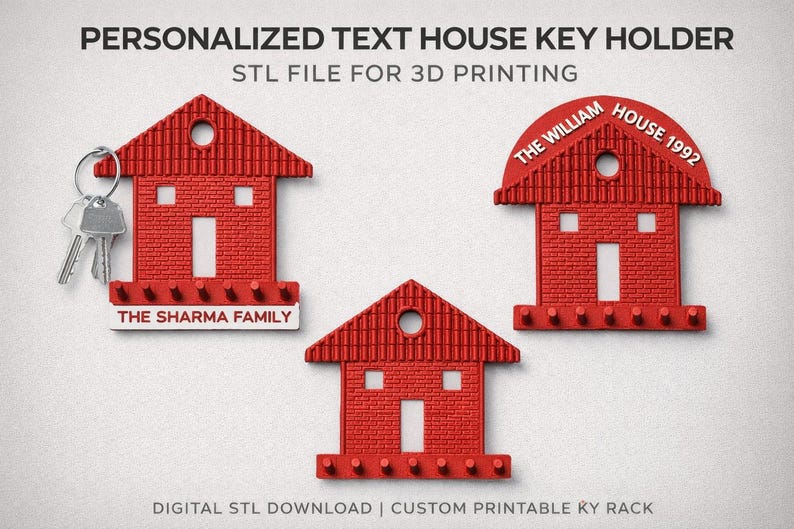 May include: Red house-shaped key holders with personalized text. One holder has keys attached. The text on the holders reads "THE SHARMA FAMILY" and "THE WILLIAM HOUSE 1992". The key holders are designed for 3D printing.