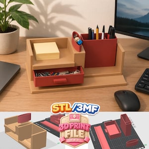 May include: A two-tone desk organizer with a red drawer and pen holder. The organizer has a section for sticky notes and a small drawer containing keys and paperclips. The design includes a 3D print file logo.