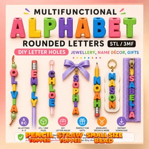 Letras redondeadas multifuncionales del alfabeto STL/3MF, agujeros para letras DIY, joyería, regalos de decoración con nombres.