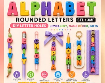 Letras redondeadas multifuncionales del alfabeto STL/3MF, agujeros para letras DIY, joyería, regalos de decoración con nombres.