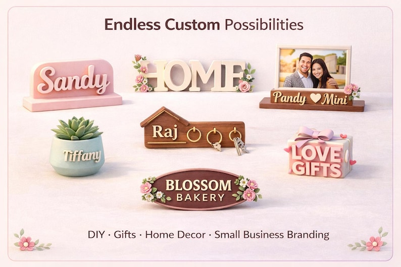 May include: A collection of custom decor items, including a pink "Sandy" sign, a "HOME" sign with floral accents, a photo frame, a succulent in a blue pot with "Tiffany" on it, a key holder with "Raj", a "BLOSSOM BAKERY" sign, and a "LOVE GIFTS" box.