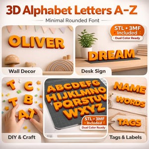 3D druckbares Alphabet Buchstaben A - Z | Zweifarbig 3MF/STL | Abgerundete Buchstaben Lernen, Basteln