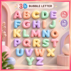 May include: A collection of 3D bubble letters in pastel colors arranged in an alphabet grid. The text 3D BUBBLE LETTER is at the top, with STL and 3MF file format icons on the right. Each letter has a rounded, inflated appearance.