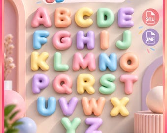 May include: A digital display of the 3D Bubble Letter alphabet in pastel colors, featuring the text 3D BUBBLE LETTER at the top. The letters A through Z are arranged in rows, with circular icons on the right side labeled STL and 3MF for file formats.
