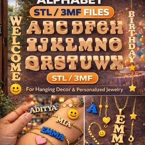 May include: Image of a multifunctional alphabet set, suitable for personalised jewellery and hanging decor. The image shows individual letters, bracelets, and necklaces with names and smiley face charms. The text includes "WELCOME" and "BIRTHDAY".