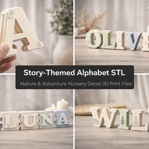 May include: Wooden alphabet letters in various colors, spelling out names and words. The letters are decorated with leaf and floral designs. The image includes the text "Story-Themed Alphabet STL" and "Nature & Adventure Nursery Decor 3D Print Files."