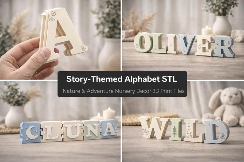 May include: Wooden alphabet letters in various colors, spelling out names and words. The letters are decorated with leaf and floral designs. The image includes the text "Story-Themed Alphabet STL" and "Nature & Adventure Nursery Decor 3D Print Files."
